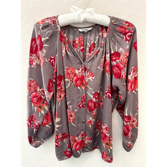 TUCKER | 100% Silk Floral Blouse Gray Red Rose Print Boho Peasant Top | Size P - Picture 1 of 9